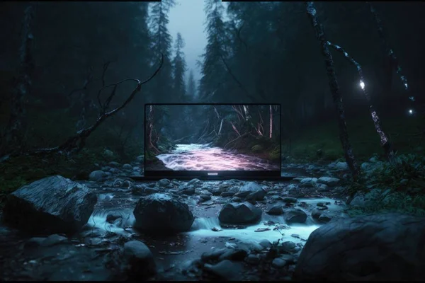 A tv screen is in the middle of a stream in the woods at night time uhd 8 k a 3d render video art