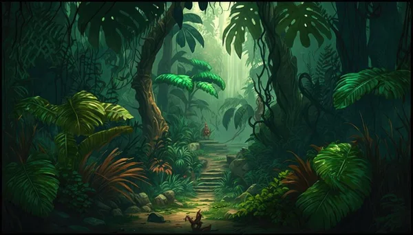 A painting of a jungle with a path leading to a waterfall and a person sitting on a bench jungle a detailed matte painting fantasy art