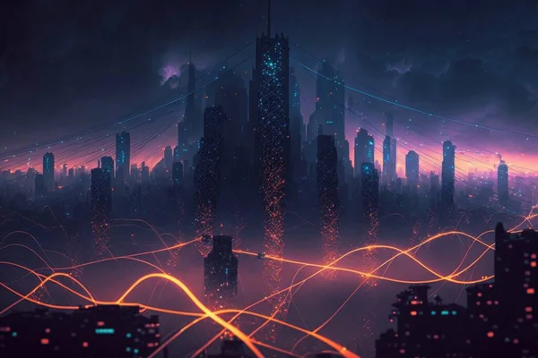 A city skyline with a neon light streaks in the foreground and a bridge in the background city background cyberpunk art retrofuturism