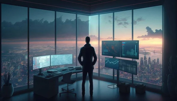 A man standing in front of a large window looking out at a city at night cyberpunk style cyberpunk art computer art