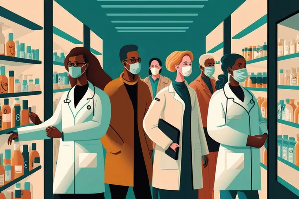 A group of people in a pharmacy room wearing masks and standing in front of shelves of bottles editorial illustration an illustration of neoplasticism