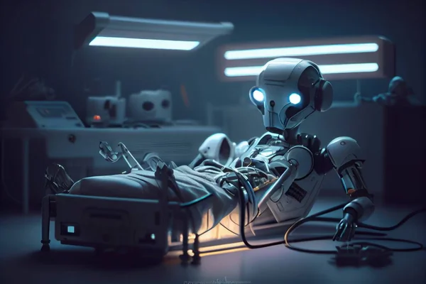 A robot laying on a bed with a light on it\'s head and a laptop on the floor cybernetic cyberpunk art neoplasticism