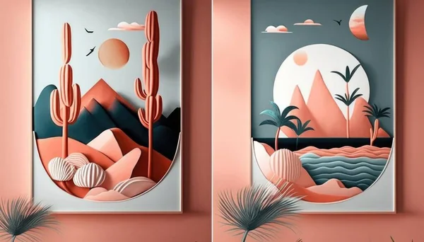 Two paintings of desert scenes with cactus trees and mountains in the background one of which is colorful flat surreal design an art deco painting art deco