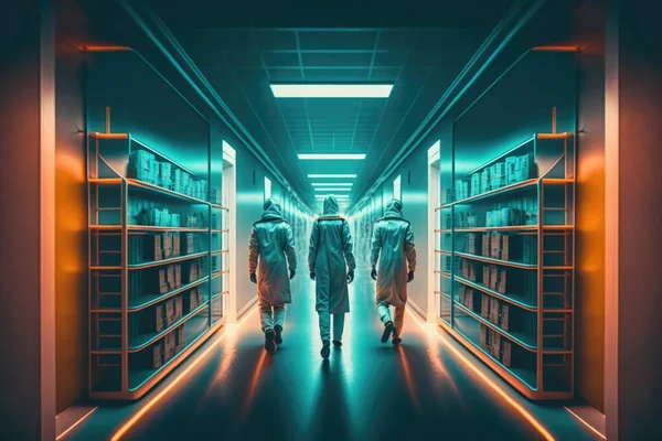 Two people walking down a long hallway in a library with bookshelves and shelves synthwave style cyberpunk art retrofuturism