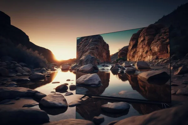 A large screen tv sitting on top of a rocky beach next to a river at sunset uhd 8 k a hologram photorealism