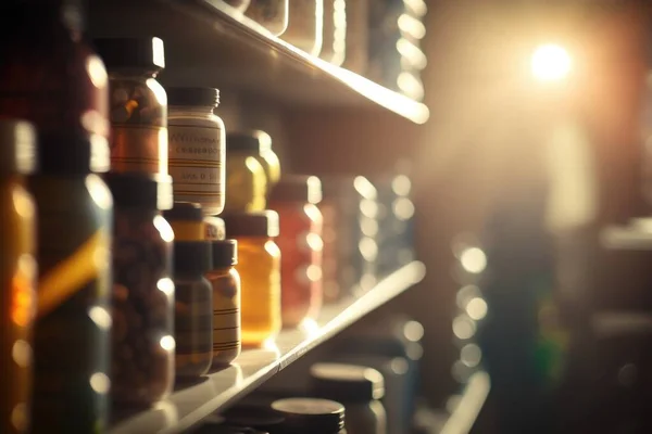A shelf with many bottles of medicine on it and a light shining through the bottles anamorphic lens flare a stock photo neoplasticism