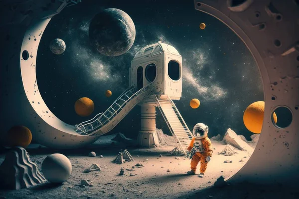 A space station with a staircase leading to it and a astronaut standing in front of it liminal space in outer space a detailed matte painting space art