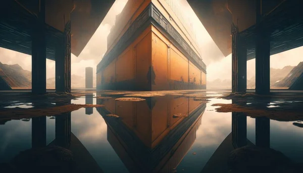 A futuristic building with a reflection of it in the water and a sky background with clouds cinematic matte painting a matte painting retrofuturism