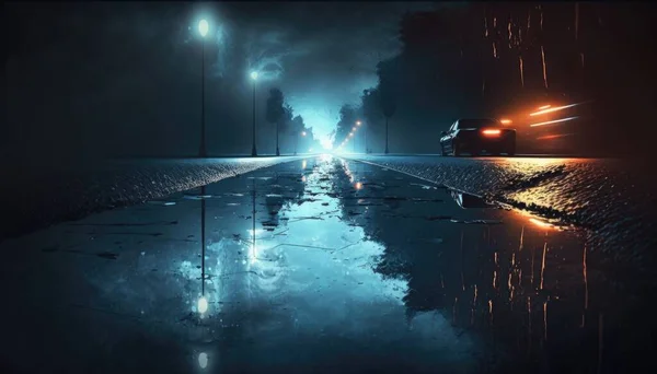 A car driving down a wet road at night with its headlights on and a reflection of the car in the wet road cinematic photography a photorealistic painting photorealism