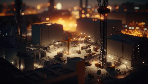 A city at night with a crane and a building under construction in the foreground tilt shift a tilt shift photo photorealism