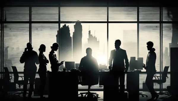 A group of people standing around a table in a room with a window and a city skyline backlighting a stock photo neoism