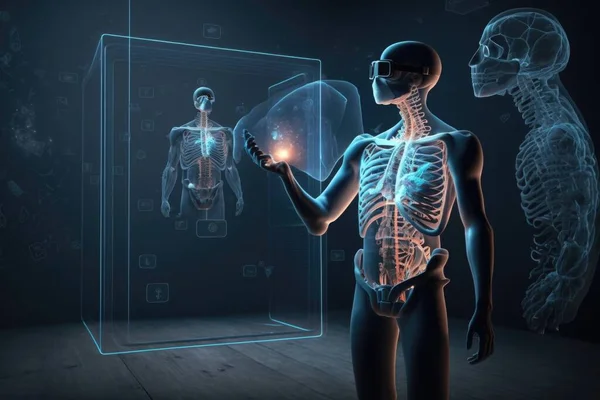 A skeleton is looking at a human skeleton in a glass case with a glowing light cybernetics a hologram holography