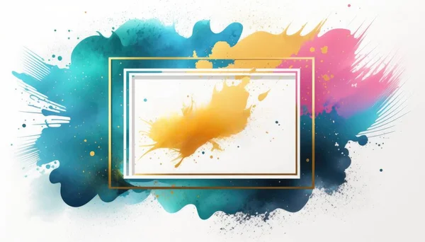A square frame with a colorful background and a gold border on it with a splash of paint professional digital painting an abstract painting action painting