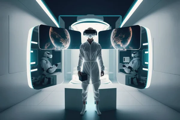 A man in a space suit standing in a room with a view of planets and other objects tech wear a hologram futurism