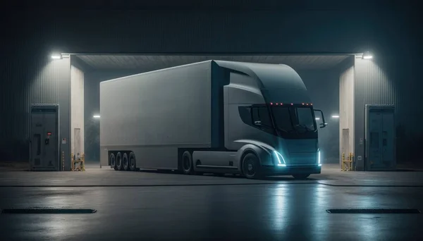 A semi truck parked in a garage at night time with its lights on and a trailer parked in front of it ue 5 a digital rendering panfuturism