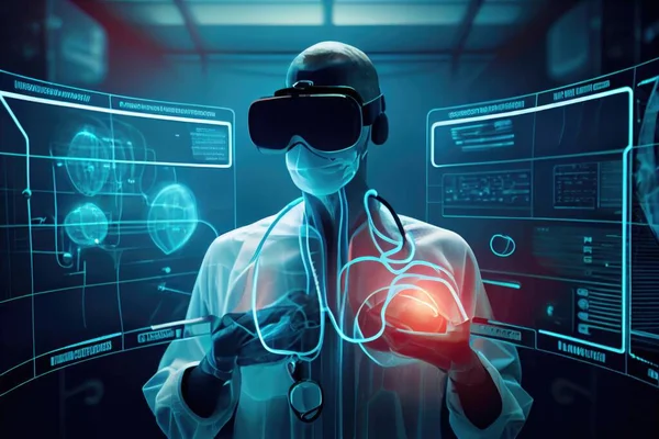 A doctor in a virtual world holding a heart in his hands and a virtual interface in the background cybernetics a stock photo futurism