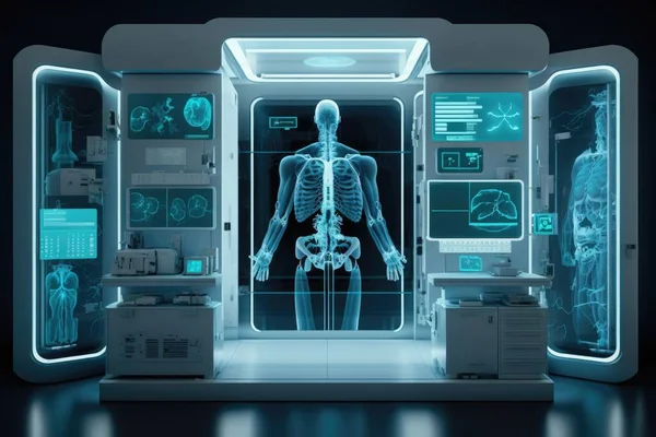 A medical room with a skeleton in the middle of it and a neon light on the wall cybernetics a hologram neoplasticism