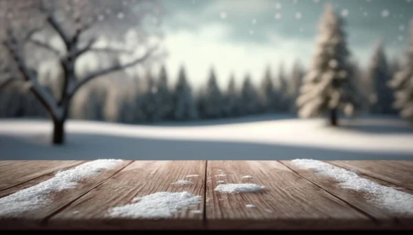 A wooden table with snow on it in a snowy landscape with trees and snow flakes octane renderer an ambient occlusion render photorealism