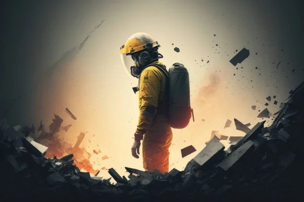 A man in a yellow suit and a yellow helmet standing in a rubble area with a backpack promotional image poster art space art