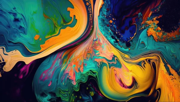 A colorful abstract painting with a black background and a blue yellow green and orange swirl psychedelic overtones an ultrafine detailed painting generative art