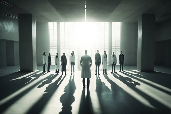 A group of people standing in a room with the sun shining through the windows and casting shadows on the floor promotional image a stock photo neoplasticism