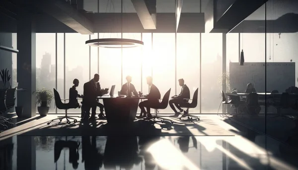 A group of people sitting around a table in a room with large windows and a sun shining through the windows dim volumetric lighting a stock photo institutional critique