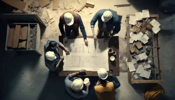 A group of people standing around a table with a blueprint on it and a construction plan blueprint a digital rendering incoherents