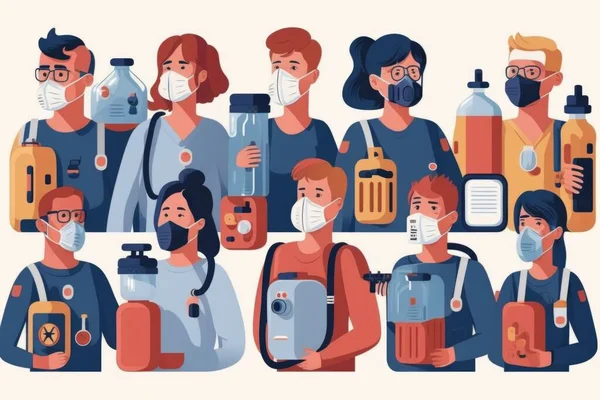 A group of people wearing masks and holding bottles of water and other things to use editorial illustration artistic art neoplasticism