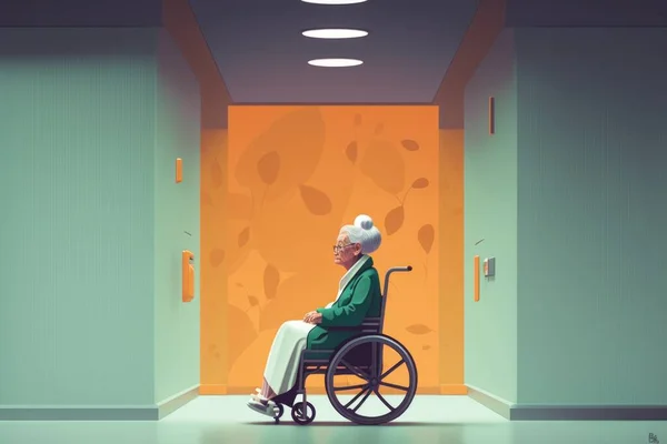 A man in a wheelchair in a hallway with a bird on his head and a light on editorial illustration a storybook illustration generative art