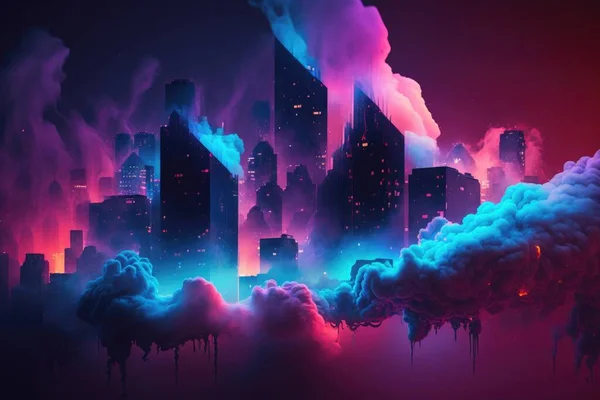 A city with smoke and smokestacks in the air and a red and blue sky synthwave style a matte painting computer art