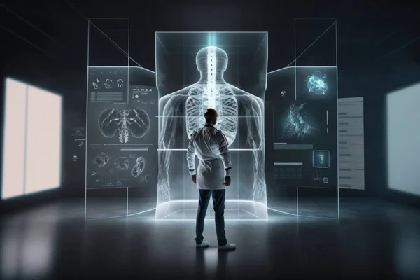 A man standing in front of a display of human body images in a dark room cybernetics a hologram holography