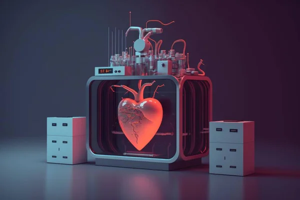 A heart in a machine with a red light on it\'s side and a white box with a red light on it octane renderer a 3d render kinetic art