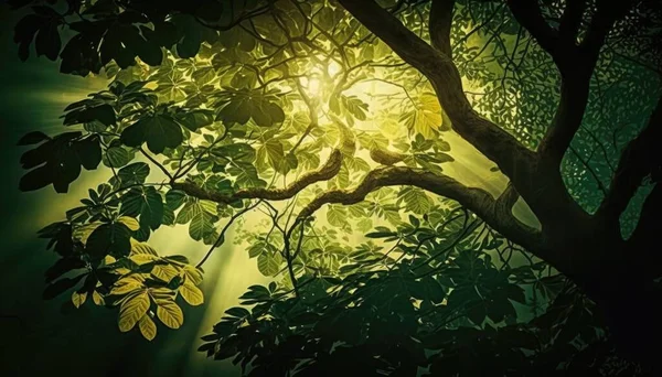 A painting of a tree with the sun shining through the leaves of the tree branches forest background a detailed matte painting naturalism
