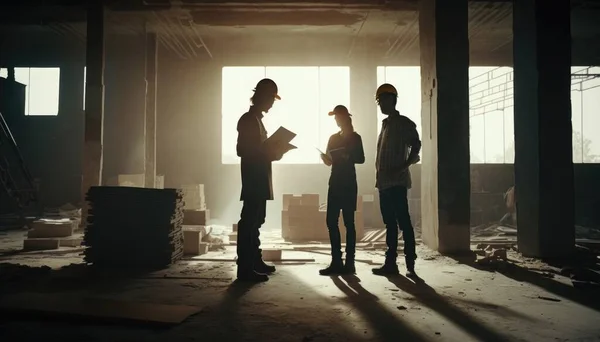 Three people standing in a room with construction equipment in the background and a window in the middle dim volumetric lighting a stock photo constructivism