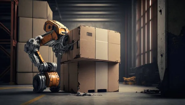 A robot is moving around boxes in a warehouse with a window in the background and a door in the foreground robots an ambient occlusion render les automatistes