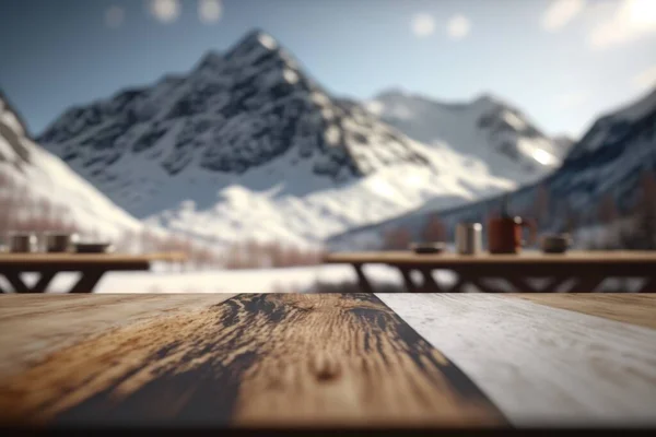 A table with a view of a mountain range in the background with a wooden table top 8 k render a 3d render photorealism
