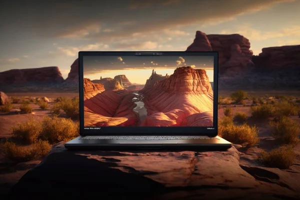 A laptop computer sitting on top of a rock covered field with a desert landscape in the background path tracing a computer rendering photorealism