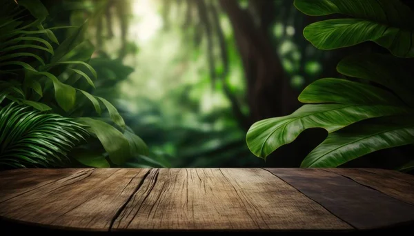 A wooden table with a green jungle background in the background is a wooden floor with a wooden table top rendered in unreal 5 an ambient occlusion render photorealism