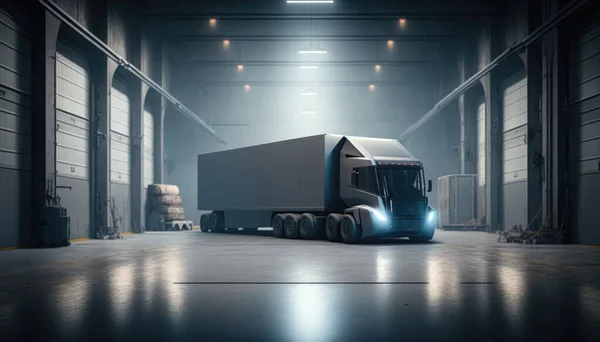 A semi truck is parked in a warehouse with a light on it\'s side redshift render a digital rendering superflat