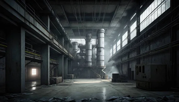 A large industrial building with a lot of pipes and windows in it\'s center cryengine a detailed matte painting photorealism