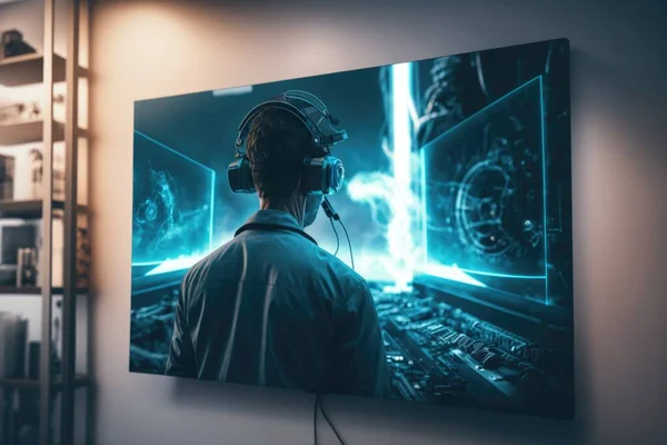 A man wearing headphones looking at a large screen with a picture of a man in a headphone ultra realistic digital art a computer rendering computer art