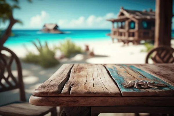 A wooden table with a view of the ocean and a beach in the background with a house on the beach rendered in unreal 5 an ambient occlusion render photorealism