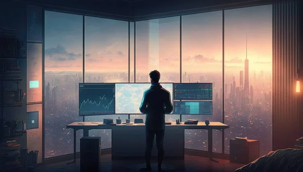 A man standing in front of a computer monitor in a room with a city view city background cyberpunk art computer art