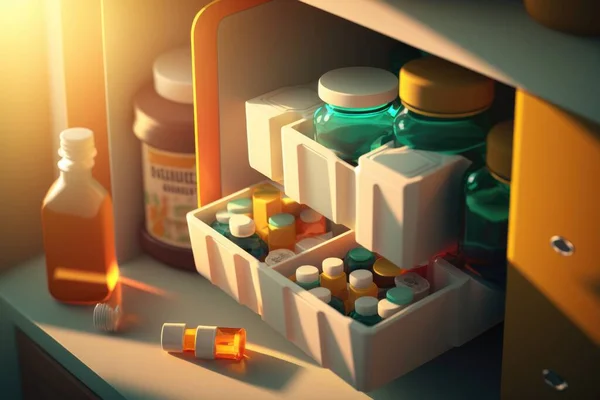 A shelf with medicine bottles and pills in it and a bottle of medicine in the background 3 d render a 3d render photorealism
