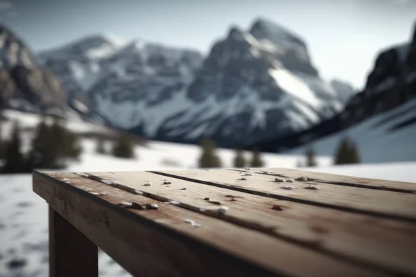 A wooden table with a mountain in the background with snow on it and a few small holes in the wood 8 k render an ambient occlusion render photorealism