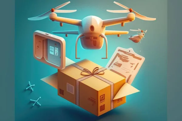A box with a remote control flying over it and a small plane with a package editorial illustration a digital rendering objective abstraction