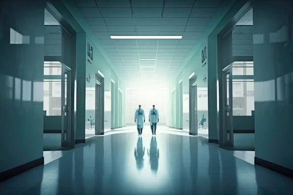 Two people walking down a hallway in a building with doors open and a light shining on them promotional image a screenshot neoplasticism