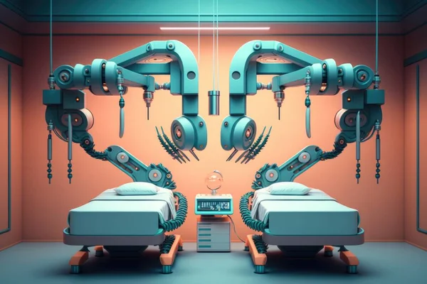 A room with two beds and a robot arm in the middle of it with a tv on the wall cybernetics cyberpunk art les automatistes