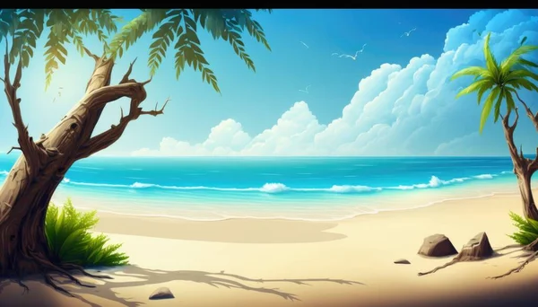 A painting of a beach with a tree and rocks in the sand and a blue sky with clouds cinematic matte painting a matte painting computer art