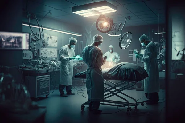 A group of doctors in a dark room with lights on and operating equipment on the floor cinematic photography a stock photo neoplasticism